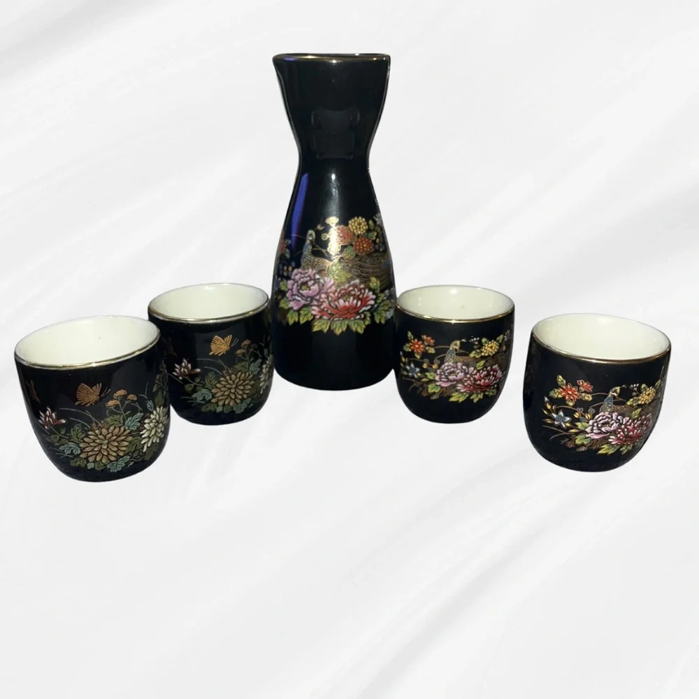 Vintage MCI Japan 5-Piece Black & Gold Peacock Floral Sake Set